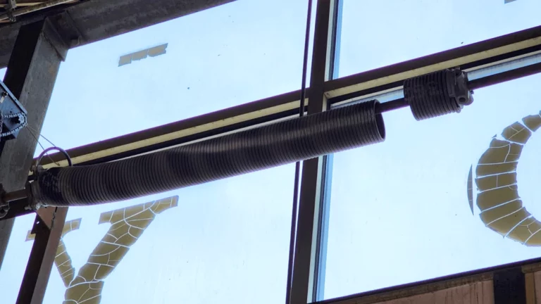 A broken part from a commercial garage door spring weighs on the shaft and needs urgent replacement. The garage door spring is in two parts after breakage.