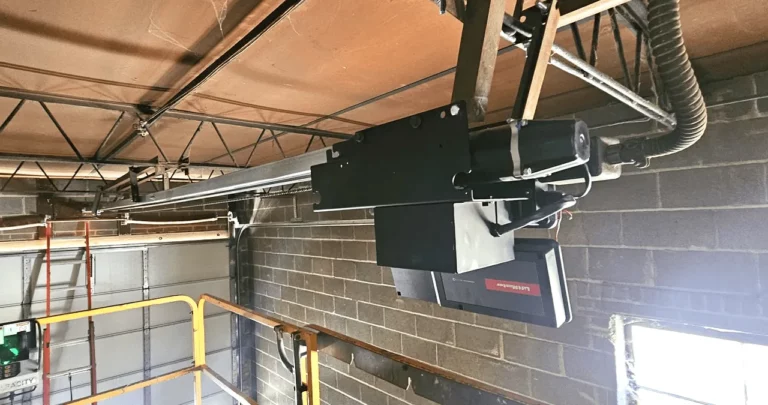 The New LiftMaster TDC Maxum Commercial Trolley DC Operator, rail 16 fit, was installed inside the building with the help of trucks.