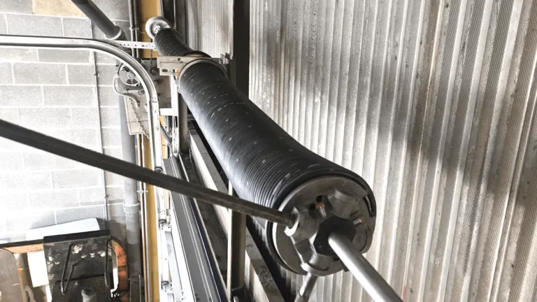 Commercial garage door spring installation takes place. A garage door spring tensioning tool is used.