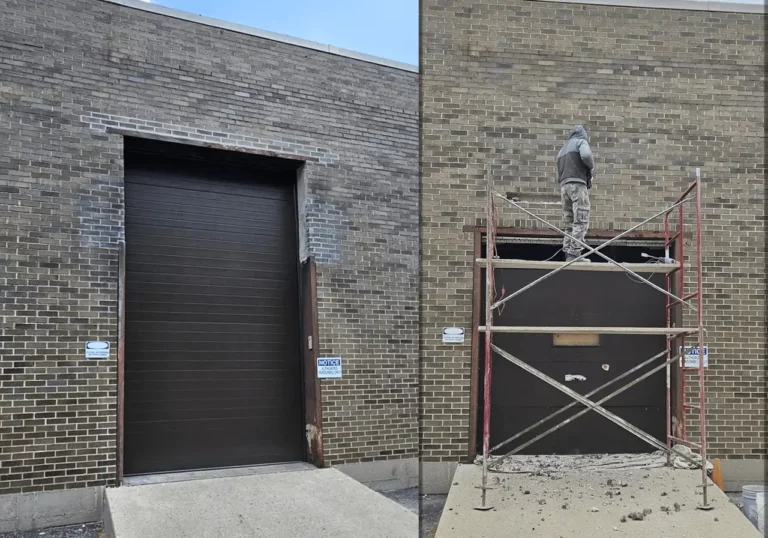 Two photos: before and after work. The size of the garage door frame was increased. The new garage door is brown.
