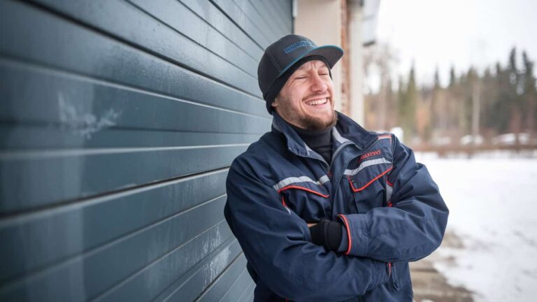 A Firstline Garage Door Repair technician is preparing to install a garage door in extreme freezing conditions.