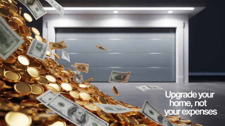 The photo shows a large amount of money that can be saved by purchasing quality garage doors and reducing future garage door repair costs.