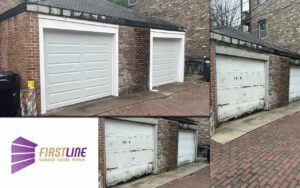 The main introductory page: the original condition of the work, the completed transformation, and the logo of FirstLine Garage Door Repair.