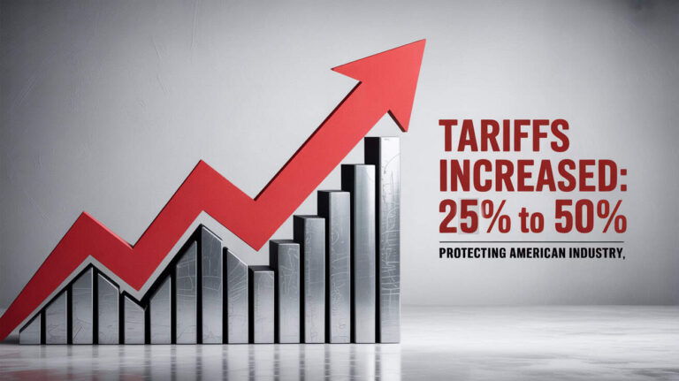 The photo illustrates the change in tariffs on steel and aluminum from 25% to 50%.