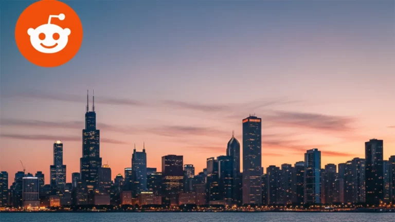 The city of Chicago and the Reddit logo symbolize that Chicago residents can fix their garage doors with the help of the Reddit platform.