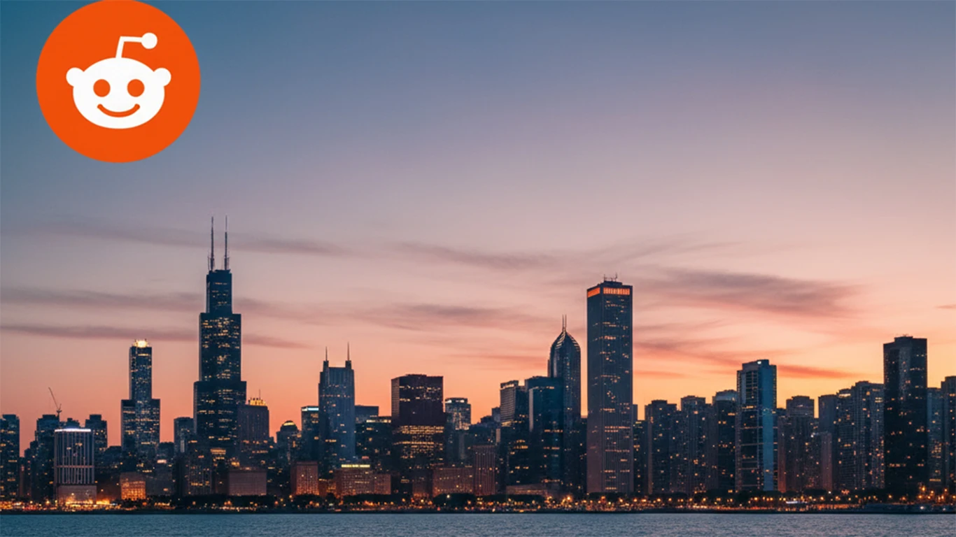 The city of Chicago and the Reddit logo symbolize that Chicago residents can fix their garage doors with the help of the Reddit platform.