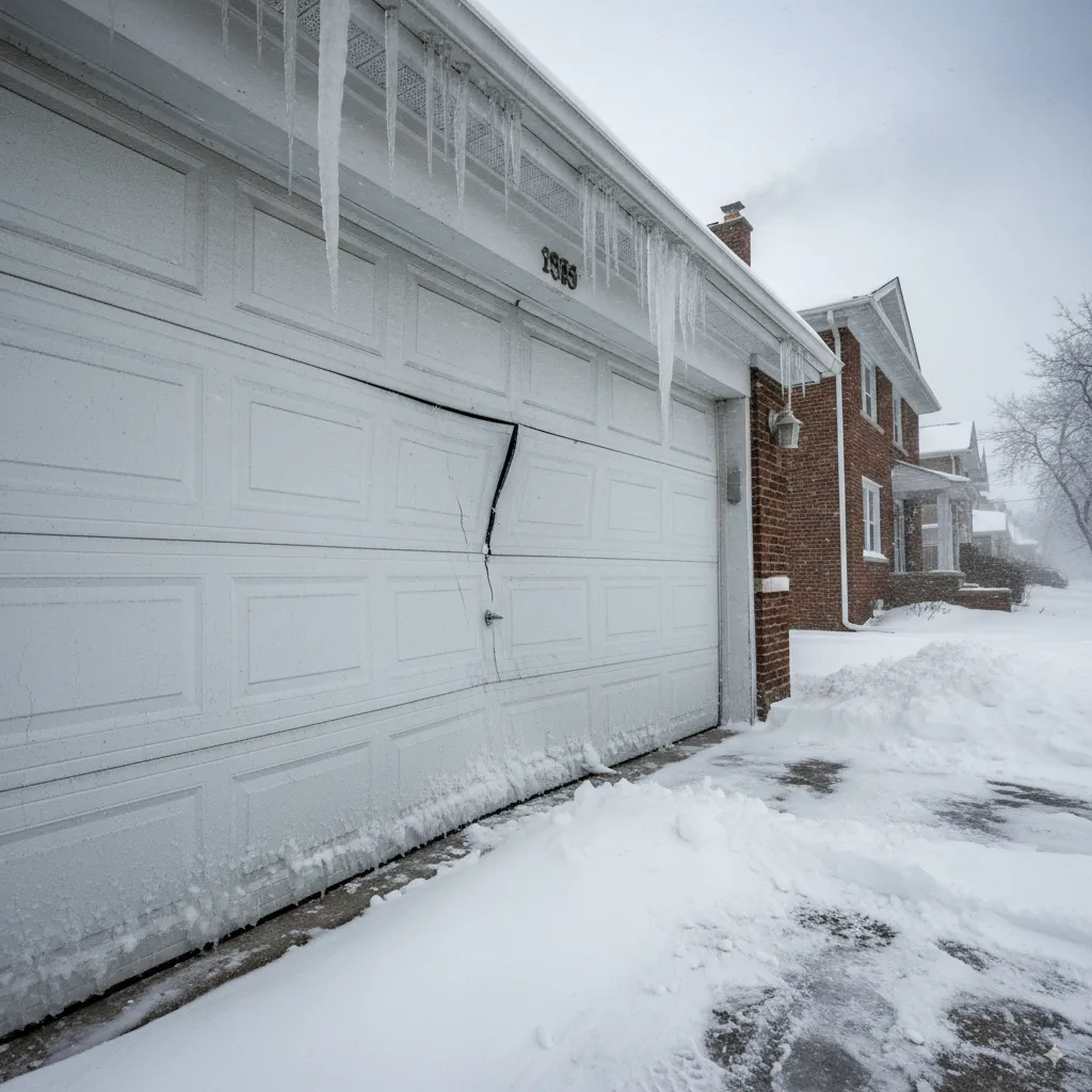 A broken garage door during winter in Chicago.