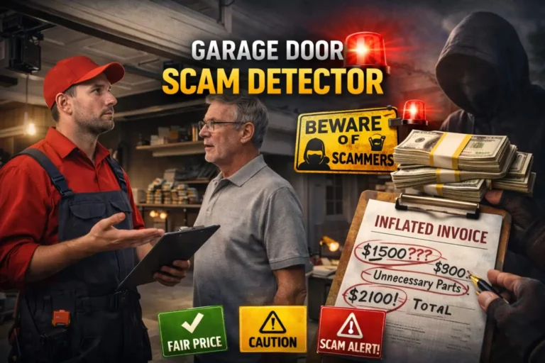 The photo shows customers feeling frustrated and disappointed after being scammed during a garage door repair.