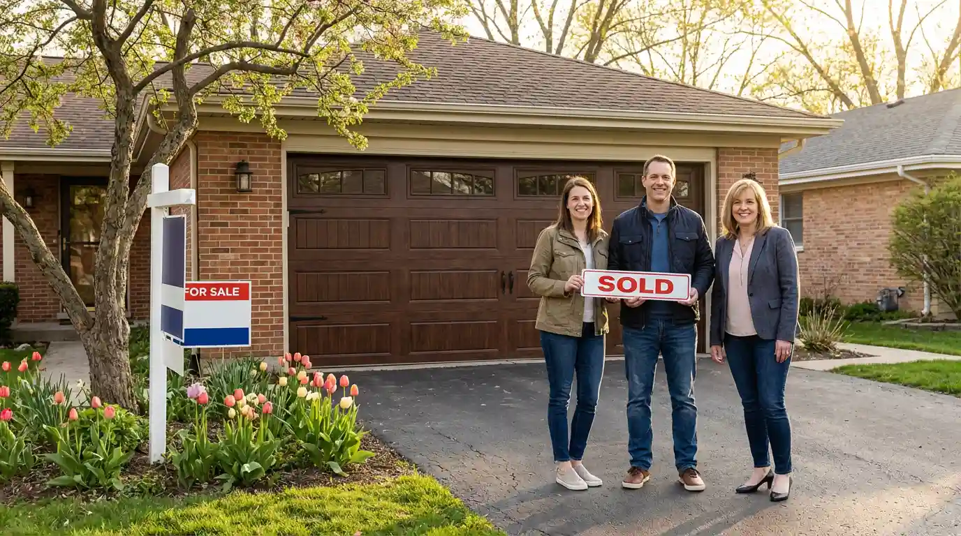 Homeowner couple with real estate agent new garage door Arlington Heights Illinois spring 2026