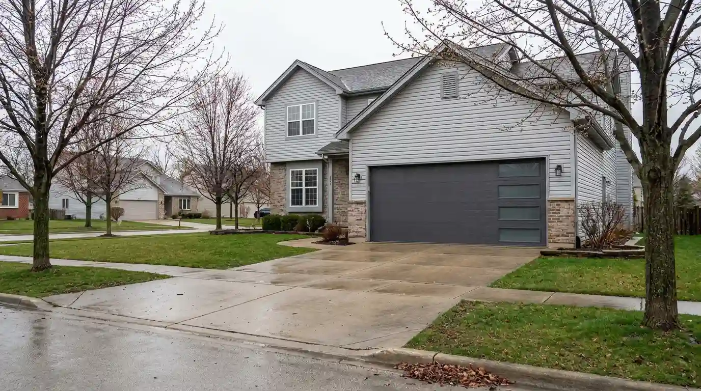Modern steel garage door on suburban Chicago home spring 2026 price increase.