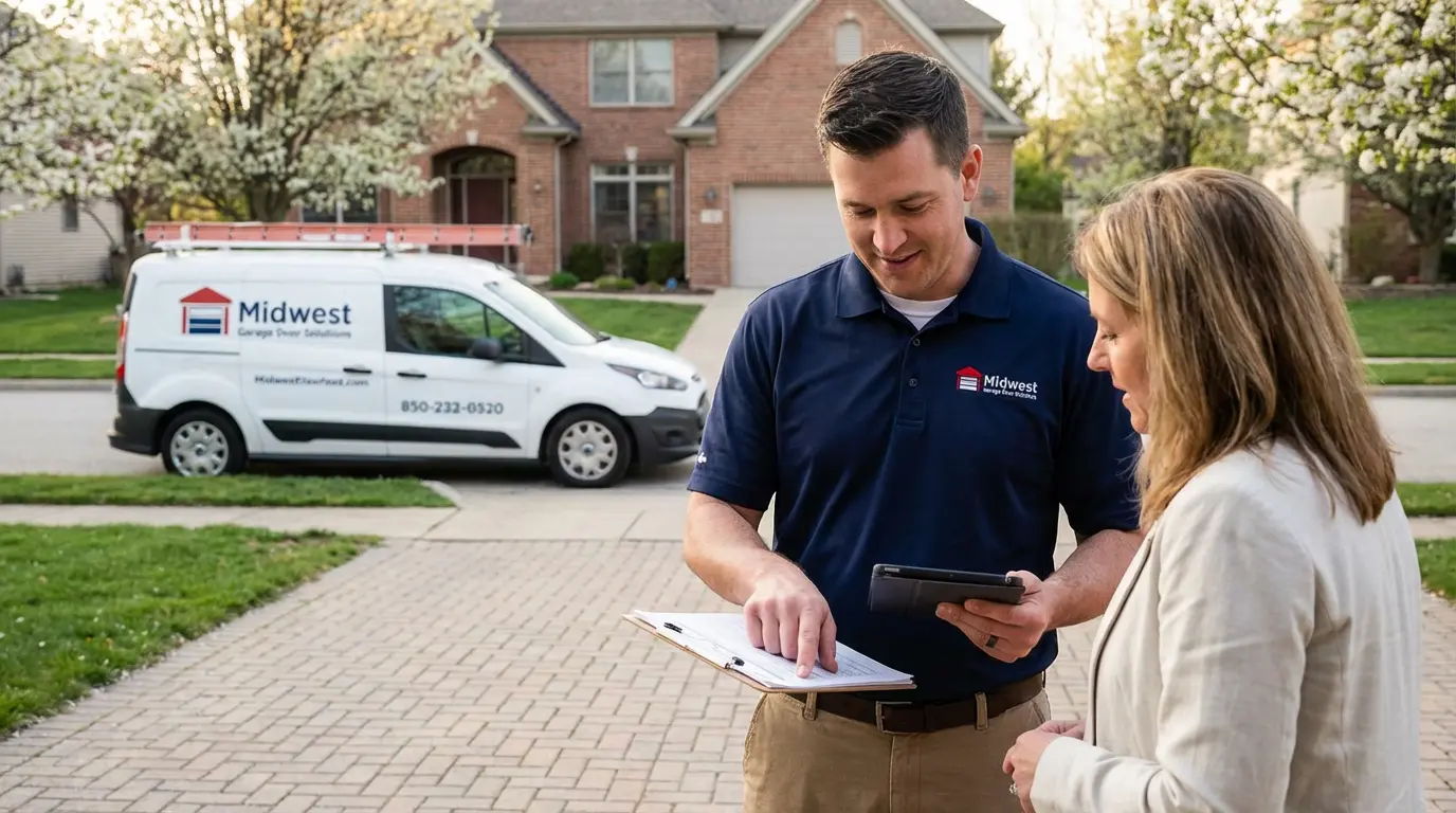 Garage door technician explaining quote to homeowner Arlington Heights IL spring 2026.