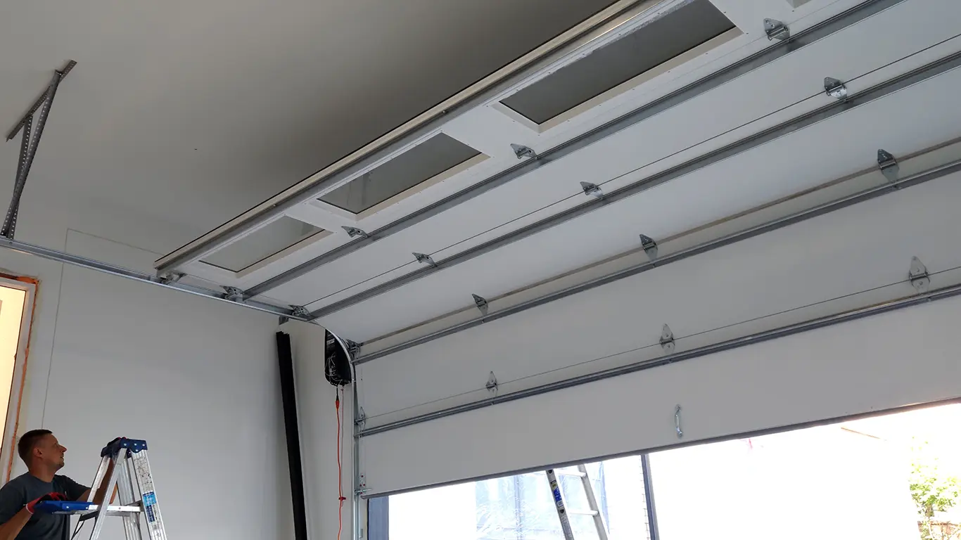 New white C.H.I. garage door in the open position, featuring durable construction, smooth operation, and a clean modern design.