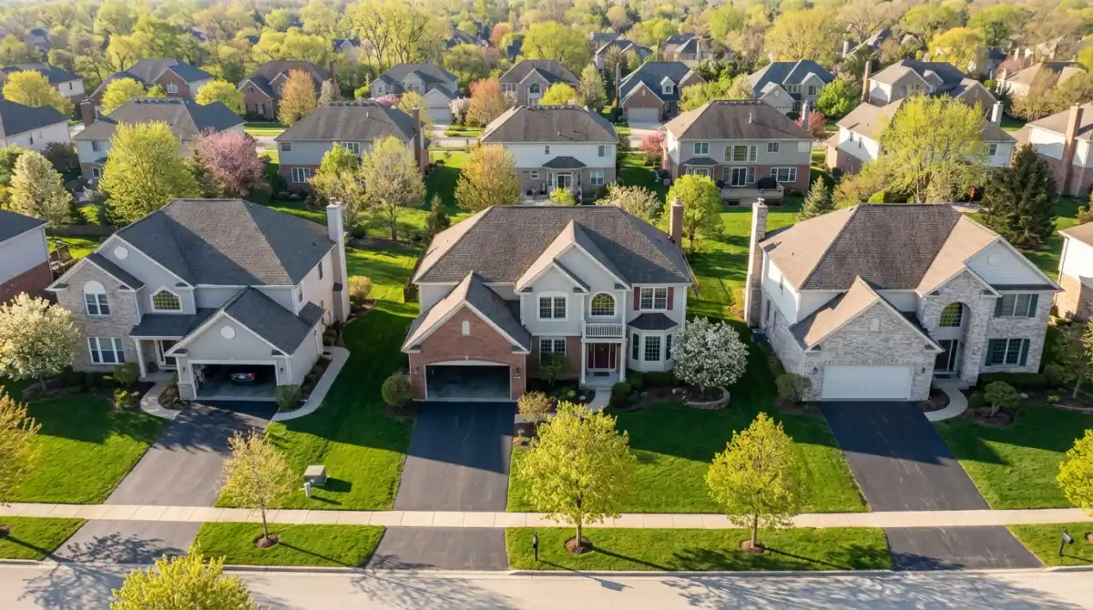 Suburban neighborhood with many houses and garages.