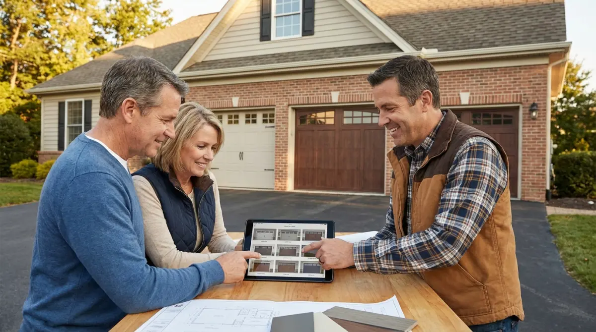 Homeowner consulting with garage door contractor Chicago suburbs Schaumburg Palatine
