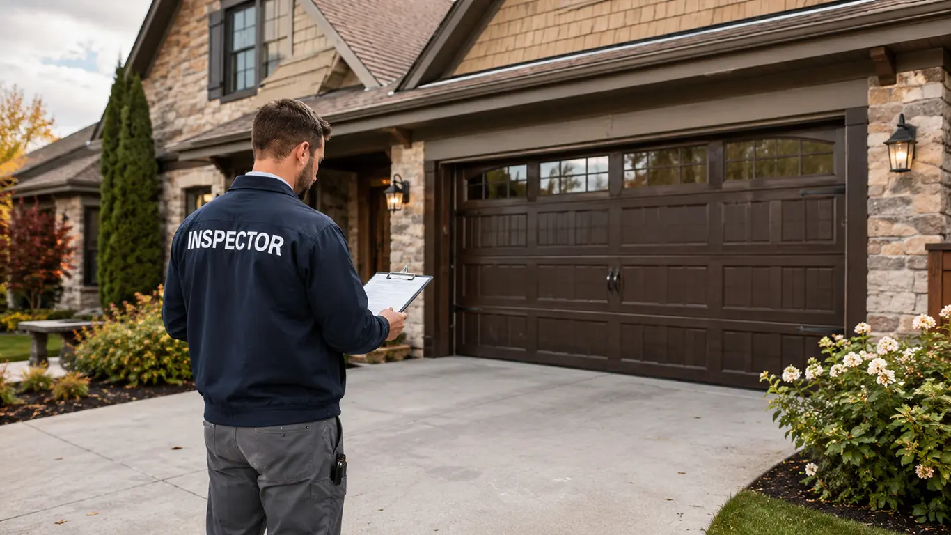 A professional home inspector evaluates a residential garage door at a property under contract in Arlington Heights, Illinois. The inspection helps the home buyer confirm the garage door’s condition, safety, and proper operation before the real estate closing.